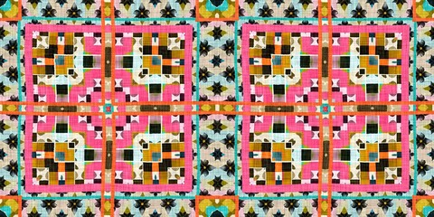 Wall Mural - Kitsch pattern geometric retro design in seamless border background. Trendy modern boho geo in vibrant colorful graphic ribbon trim edge. Repeat tile for patchwork effect endless band.