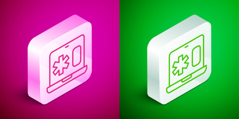 Sticker - Isometric line Medical clinical record on laptop icon isolated on pink and green background. Health insurance form. Medical check marks report. Silver square button. Vector