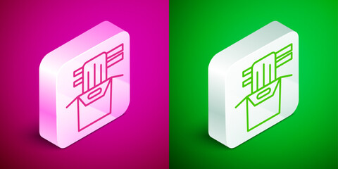 Poster - Isometric line Asian noodles in paper box and chopsticks icon isolated on pink and green background. Street fast food. Korean, Japanese, Chinese food. Silver square button. Vector