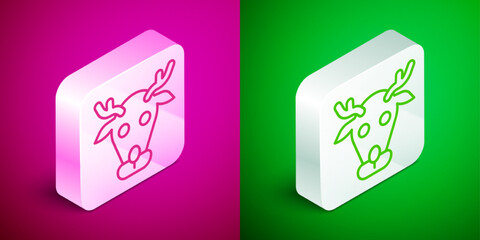 Poster - Isometric line Reindeer icon isolated on pink and green background. Merry Christmas and Happy New Year. Silver square button. Vector