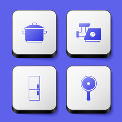 Sticker - Set Cooking pot, Kitchen meat grinder, Refrigerator and Frying pan icon. White square button. Vector