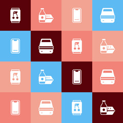 Canvas Print - Set pop art Soda can, Online ordering food, Food on mobile and Lunch box icon. Vector