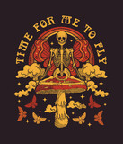 Fototapeta Psy - skeleton sits on fly agaric, print on a T -shirt. psychedelic illustration,