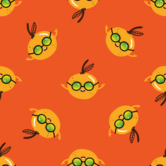 Wall Mural - Cool orange fruit characters wearing sunglasses vector seamless pattern background.
