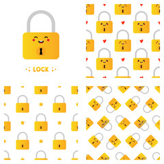 Wall Mural - Cute cartoon style golden lock character and set, collection of three locks vector seamless pattern backgrounds. 
