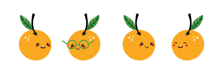 Wall Mural - Set, collection of cute cartoon style orange, mandarin, tangerine, characters for food and nature design.
