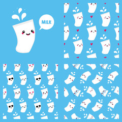 Wall Mural - Cute cartoon style milk glass character and set, collection of three vector seamless pattern backgrounds with glasses of milk. 
