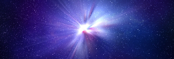 Wall Mural - burst of light in space. night blue starry sky horizontal background banner