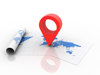 Fototapete - 3d rendering Red map pointer with world map