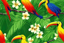 Tropical Seamless Patterns Set With Exotic Birds And Fruits, Toucan, Pineapple, Modern Design
