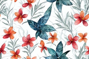 Sticker - Beautiful seamless horizontal tropical floral pattern with hand drawn watercolor exotic jungle flowers. Stock illustration.