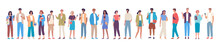 Young People Group Stand Together And Talk Vector Illustration. Colorful Character Design Of Modern People
