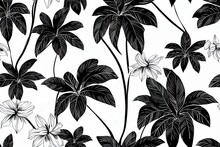 Tropical Exotic Floral Line Black White Palm Leaves And Flowers Seamless Pattern, Line Background. Exotic Jungle Wallpaper.