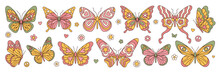 Groovy Butterfly, Daisy, Flower Stickers. Hippie 60s 70s Elements. Floral Romantic Sign And Symbols In Trendy Cute Retro Style. Yellow, Pink Colors.