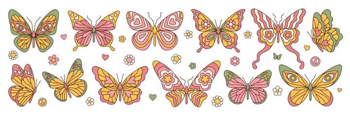 Wall Mural - Groovy butterfly, daisy, flower stickers. Hippie 60s 70s elements. Floral romantic sign and symbols in trendy cute retro style. Yellow, pink colors.