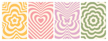 Groovy Hippie 70s Backgrounds. Waves, Swirl, Twirl Pattern With Heart, Daisy, Flower, Butterfly. Twisted And Distorted Vector Texture In Trendy Retro Psychedelic Style. Y2k Aesthetic.