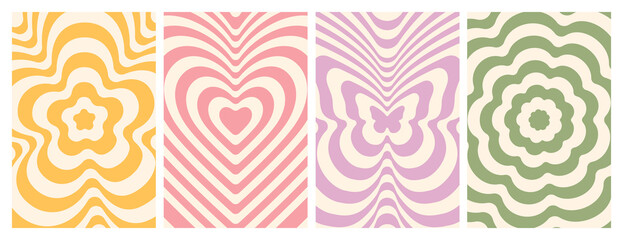 groovy hippie 70s backgrounds. waves, swirl, twirl pattern with heart, daisy, flower, butterfly. twi