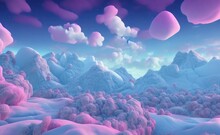 Magic Fairytale Winter Landscape With Snow, Mountains, Pink Fluffy Clouds And Fir Trees Against Blue Sky. Bright Christmas Wallpaper. 3D Render.