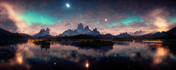 spectacular nature background of beautiful mountain and lake in starry night with shimmering light, 