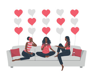 Wall Mural - Galentines day. Slumber party. Three young black women are sitting on the couch and drinking wine. There are also heart-shaped balloons. Vector illustration