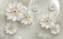 3d Wallpaper White Jewelry Flowers With Golden Branches On Silk Background 