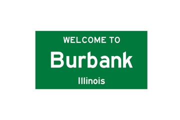 Burbank, Illinois, USA. City limit sign on transparent background. 