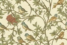 Vintage Birds In Foliage With Birds And Fruits Seamless Pattern On Light Beige Background. Middle Ages William Morris Style. Illustration.