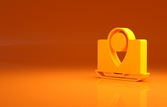 Yellow Laptop with location marker icon isolated on orange background. Minimalism concept. 3d illustration 3D render