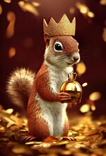 Cute Royal Red Squirrel With Golden Crown 3d Render 
