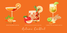 Autumn Cocktails Vector Set. Fall Fruit Three Drink Glass With Apple, Lime, Bourbon, Persimmon, Gin, Ginger, Turmeric, Spice, Whisky. Everything You Need For Party