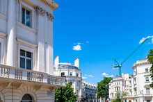 Looking Up View Of Belgrave Square In Belgravia Or Mayfair, London UK Street With Old Historic Georgian Architecture Terraced House, Argentina Embassy
