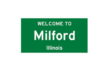 Milford, Illinois, USA. City limit sign on transparent background. 