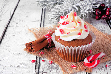 Poster - Christmas candy cane cupcake with creamy frosting. Close up with snowy branches on a rustic white wood table background.