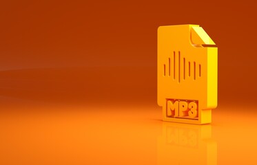 Poster - Yellow MP3 file document. Download mp3 button icon isolated on orange background. Mp3 music format sign. MP3 file symbol. Minimalism concept. 3d illustration 3D render