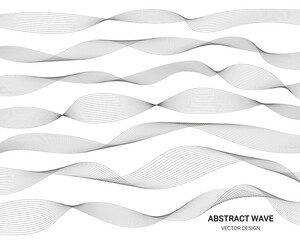 Poster - Line wave. Curve graphic background. Sound frequency or wavy water digital form. Light soundwave. Audio equalizer. Dynamic vibration. Intertwined streams backdrop. Vector abstract elements