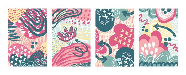 Poster - Funky memphis art patterns set, modern posters collection. Fashion collage elements, digital doodle paint. Hand drawn pointers and lines, flowers and dots. Trendy art. Vector design background