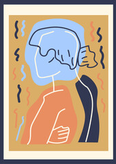 Aufkleber - Art gallery. Abstract artwork. People hug. Human body. Colorful stain shapes. Silhouette and outline figures. Doodle persons portrait. Minimal collage card. Vector contemporary poster