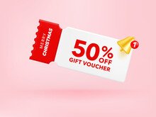 3D Gift Voucher With Coupon. For Christmas Sales And Discount Online Purchases. In Red Tones Isolated On Pink Background. 3d Rendering.