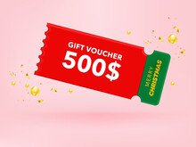 3D Gift Voucher With Coupon. For Christmas Sales And Discount Online Purchases. In Red And Green Tones Isolated On Pink Background. 3d Rendering.