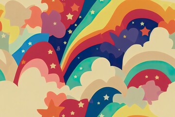 Poster - Rainbow seamless pattern. 2d illustrated hand drawn rainbow in cartoon Scandinavian style for kids wrapping paper, textile, wallpaper, prints, fabric. Rainbow set with clouds, stars, sunshine, drops