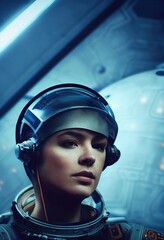 Wall Mural - A fictional person, not based on a real person. Portrait of an fictional astronaut in a spacesuit. High-tech astronaut from the future. The concept of space travel. . Generative AI