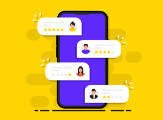 Hand holding phone with review rating. User reviews with good and bad rate on smartphone screen. Customer feedback review experience rating. Clients choosing satisfaction rating and leaving reviews