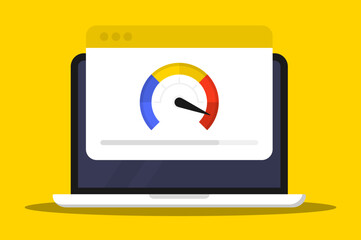 Laptop with internet connection speed test on the screen. Internet download speed test on web page. Speed test and network performance information. Signal quality. Vector illustration
