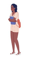 Poster - Woman holding book semi flat color vector character. Student with textbook. Editable figure. Full body person on white. Simple cartoon style illustration for web graphic design and animation