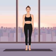 Wall Mural - Mountain Pose / Tadasana. Standing woman practicing yoga basic asana at home on big city sunrise background, fashion Illustration, workout figure, meditation time, mindfulness morning meditating, zen