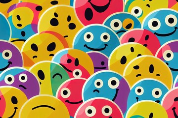 Poster - Colorful funny happy face label seamless pattern set. Collection of trendy retro sticker cartoon backgrounds. Weird comic character art, quote sign wallpaper bundle.