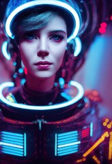 Wall Mural - A fictional person, not based on a real person. Portrait of an fictional astronaut in a spacesuit. High-tech astronaut from the future. The concept of space travel. . Generative AI