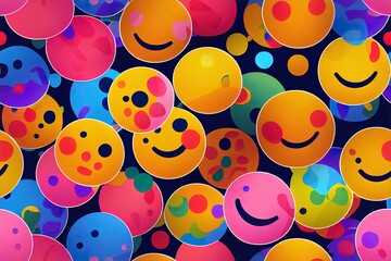 Aufkleber - Funny smiling happy face colorful sticker label seamless pattern. Retro 90s smile icon tag background texture. Trendy sign wallpaper.