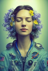 Wall Mural - A fictional person, not based on a real person. Portrait of a fictional astronaut in colors and wearing a spacesuit. A high-tech astronaut from the future. The concept of space travel. . Generative AI