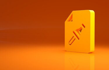 Poster - Yellow Note paper with pinned pushbutton icon isolated on orange background. Memo paper sign. Minimalism concept. 3d illustration 3D render
